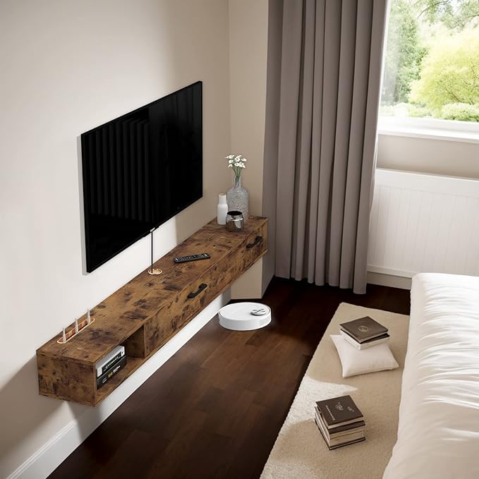 Pmnianhua Farmhouse Floating TV Stand with 2 Doors,47'' Under TV Shelf Floating,Wall Mounted TV Shelf,Rustic Floating TV Console for Under TV(Rustic Brown)