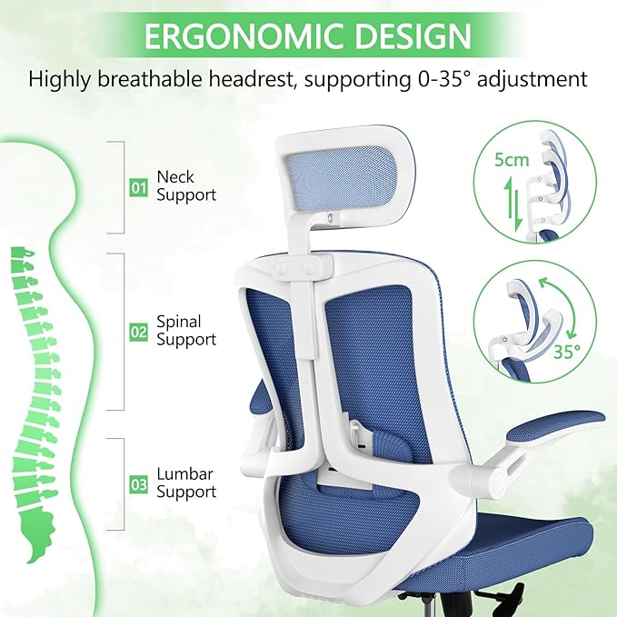 Home Office Chair,Ergonomic Big and Tall Office Desk Chair with Flip-up Arms/Headrest/Adjustable Lumbar Support/Tilt Function/450 lbs Heavy Duty Office Chair-Mesh （Blue）