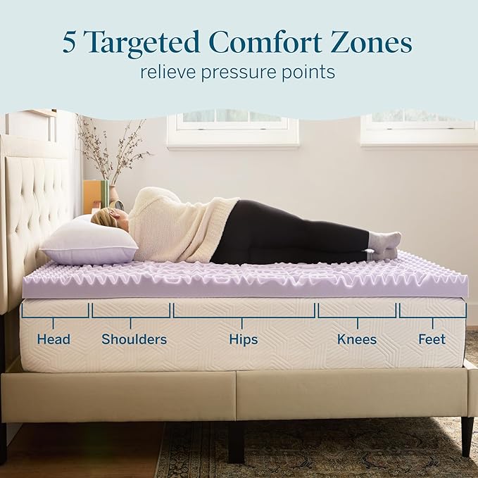 LUCID 3 Inch 5 Lavender Memory Foam Plush-Calming Targeted Convoluted Comfort Zones Mattress Topper, Full