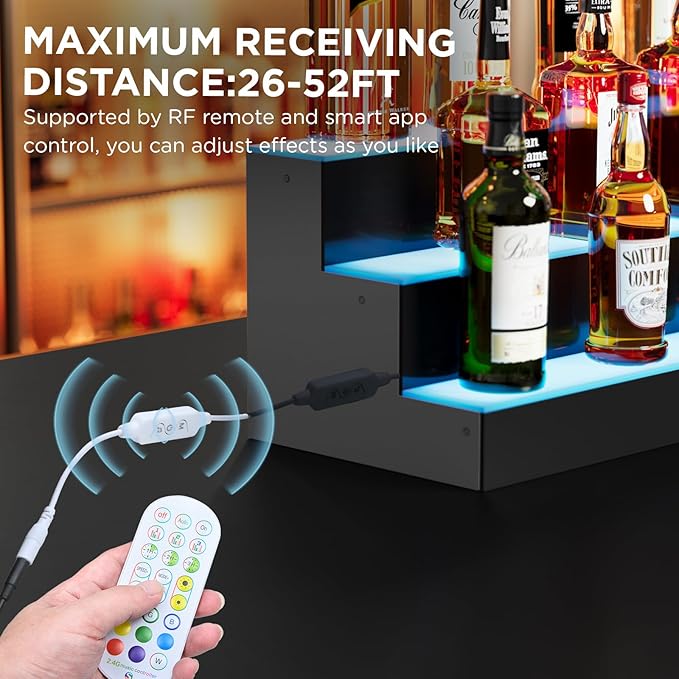 Dethan 3 Tier 40 Inch Liquor Bottle Display Shelf - Illuminated Wine Racks with Multi-Color App & Remote Control, Adjustable Brightness & Sound Modes, Acrylic Bar Shelves Displays