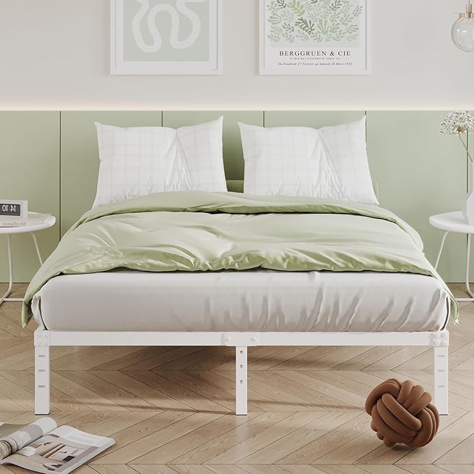 12 Inch Bed Frame Queen Size, Heavy Duty Steel Queen Bed Frame No Box Spring Needed, Mattress Foundation, Easy Assembly, Noise-Free,White