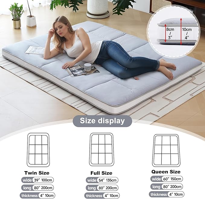 Tiita Floor Mattress Memory Foam Mattress Topper, 4" Thicken Futon Mattress with Storage Bag and 2 Straps, Portable Roll Up Travel Car Camping Mattress Sleeping Pad Full Size, Grey