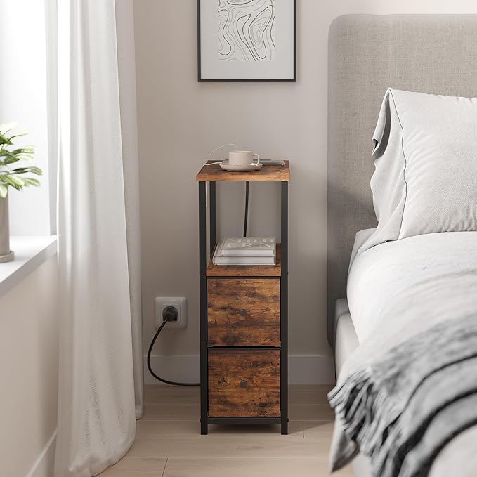 TUTOTAK Small Narrow LED End Table with Charging Station, Side Table Outlets, Nightstand with 2 Cloth Drawers, Set of 2, Couch Table, for Living Room, Bedroom, Bedside, Brown TB01BB056