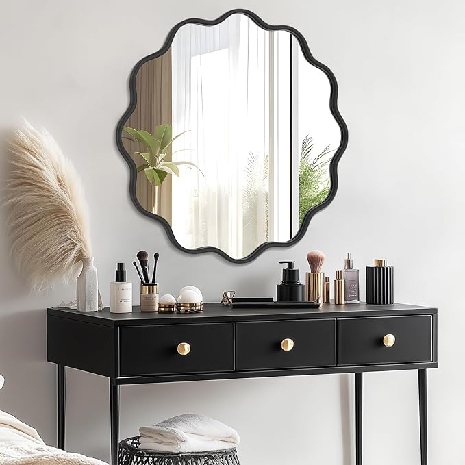 PROHOMEWARE Black Round Mirror 32 Inch Wavy Bathroom Vanity Mirror Black Frame Modern Wall Mirror Decorative Wall-Mounte Anti-Rust, Tempered Glass