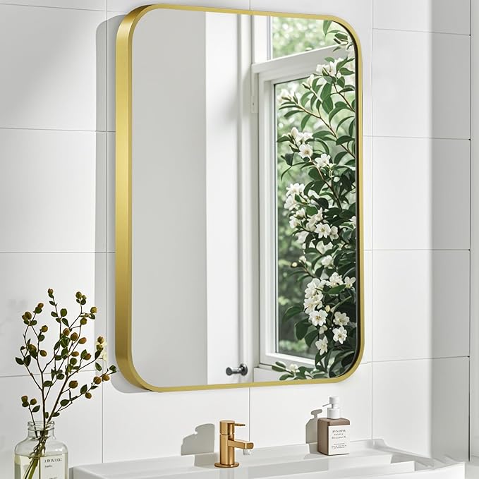 Matte Gold Mirror, 48x30 Inch Brushed Gold Mirror, Aluminum Alloy Framed Vanity Mirror, Rounded Rectangle Bathroom Mirror for Over Sink, Anti-Rust Wall Mirror (Horizontally or Vertically)