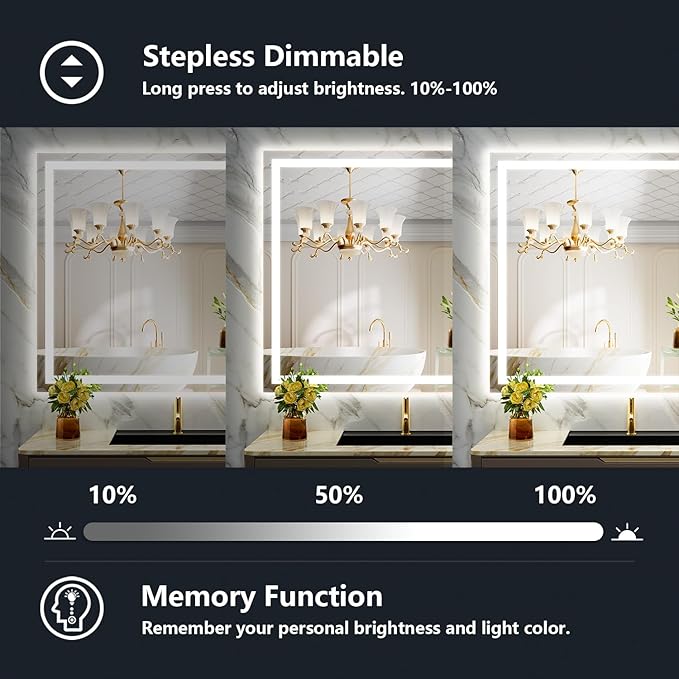 55x40 Inch LED Bathroom Mirror with Lights Front and Backlit Lighted Vanity Mirror for Bathroom Wall with 3 Colors Dimmable Anti-Fog Memory Shatter-Proof IP54 Waterproof Horizontal/Vertical
