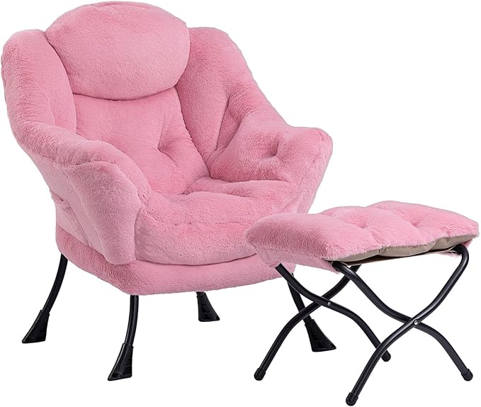 HollyHOME Fabric Lazy Chair with Foldable Ottoman, Accent Comfy Lounge Arm Chair and Folding Footrest Stool Set, Leisure Sofa Reading Chair and Footstool for Living Room, Bedroom, Dorm, Pink