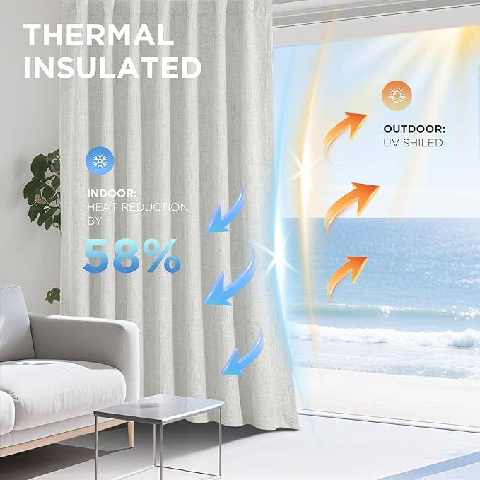 Joydeco 100% Blackout Curtains for Bedroom - Natural Linen Curtains 42" W x 96" L, Thermal Insulated 2 Panels White Light Blocking Drapes, Rod Pocket & Back Tabs, Darkening Privacy for Living Room