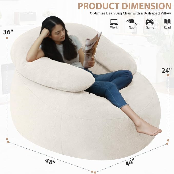 HABUTWAY Bean Bag Chair with U-Shaped Pillow for Adult and Kids Big BeanBag Chair with Filling Ultra Soft Teddy Fleece Couch Chair with Washable Cover for Living Room Bedroom Office, Beige & Beige