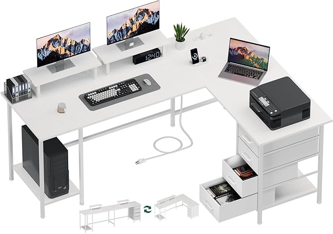 66" L Shaped Computer Desk, 94.4'' Home Office Desk with Power Outlets, 4 Adjustable Storage Drawers & 2 Monitor Stands, Large Two Person Gaming Table for Writing Study, White