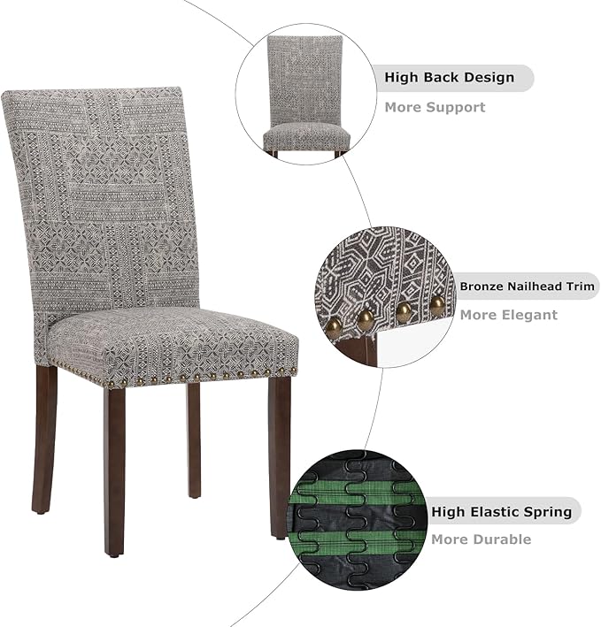 COLAMY Upholstered Parsons Dining Chairs Set of 2, Fabric Dining Room Kitchen Side Chair with Nailhead Trim and Wood Legs - Boho