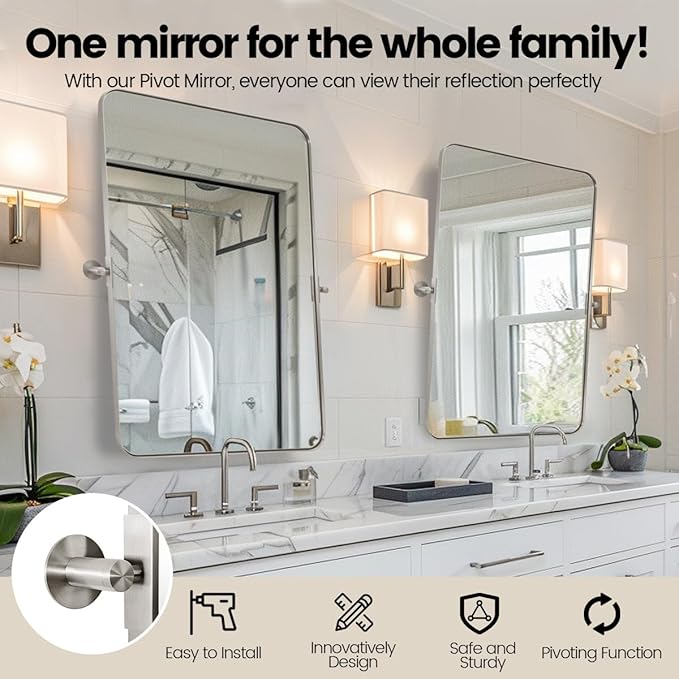 MOON MIRROR 20" x 28" Brushed Nickel Metal Framed Pivot Rectangle Bathroom Mirror, Silver Tilting Rounded Rectangular Vanity Mirror for Wall Mounted Hangs Vertical Only