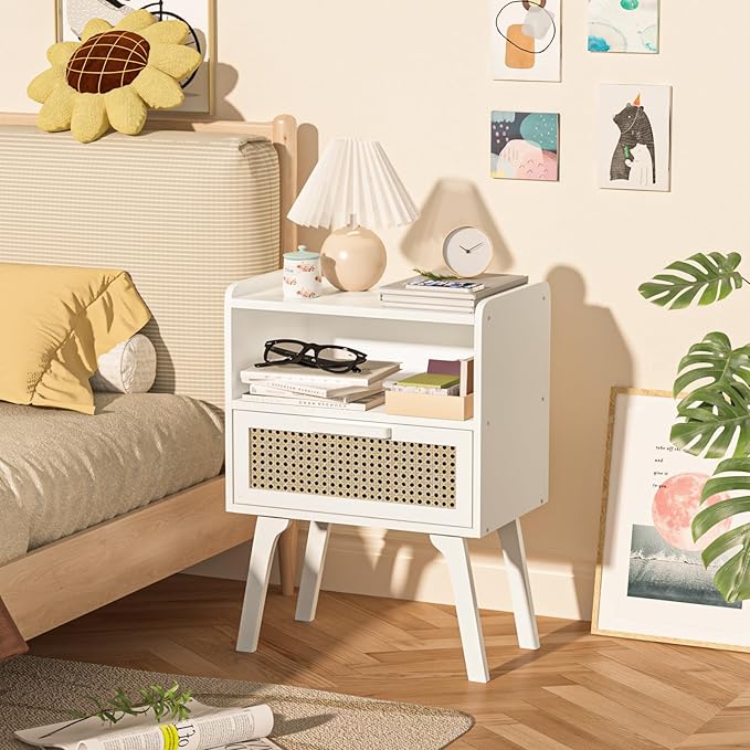 Lerliuo Rattan Nightstands Set of 2, Bedside Table with Drawer Open Shelf, Cane Accent Side End Table with Solid Wood Legs, White Mid Century Night Stand for Bedroom, Dorm and Small Spaces