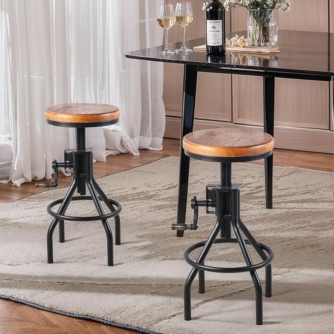 Diwhy Industrial Farmhouse Counter Stool Wooden Seat Height Adjustable with Handle Kitchen Bar Stool Black Set of 2
