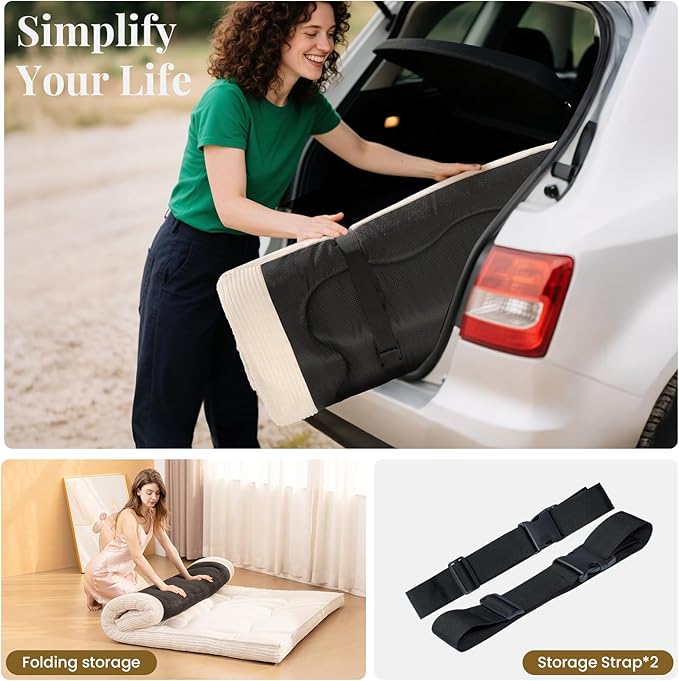 Japanese Floor Mattress, 4" Thicken Futon Mattress Queen Size Sleeping Pad, Corduroy Foldable Floor Pad, Roll Up Tatami Mat for Adults Guest Room Bedroom, Beige