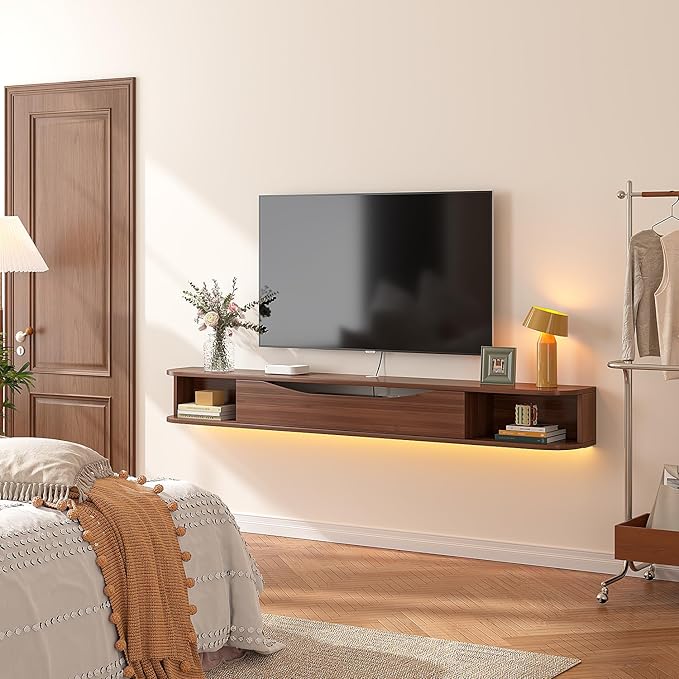 Floating TV Stand,47'' Wall Mounted TV Cabinet,Floating TV Console,Under TV Shelf with 1 Door and 2 Cabinets for TVs up to 55''(Walnut)