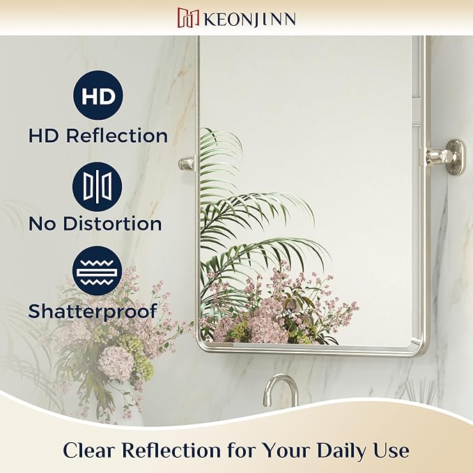 Keonjinn Brushed Nickel Pivot Mirror Bathroom, 20x30 in Tilt Mirror Bathrooms for Over Sink, Rounded Corner Modern Pivot Rectangle Mirrors, Metal Framed Beveled Bathroom Mirrors (Horizontal/Vertical)