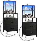 WLIVE Nightstand Set of 2 with Charging Station, LED Night Stand Sets with 2 Drawers and 4 Storage Open Shelves, Fabric Dressers for Bedroom, Black