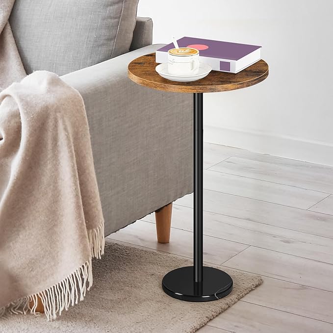 smusei Drink Table Small Side Table with Marble Base Pedestal Side Table Drink Tables for Small Spaces Round End Table Mini Side Table for Sofa Couch Chair Patio, Brown and Black