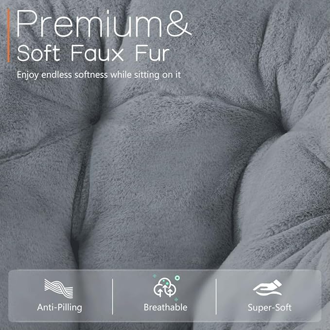 Comfortable Cozy Faux Fur Disc Chair Foldable Feature for Bedroom, Living Room and Dorm, Adult-Sized Relaxation, Grey