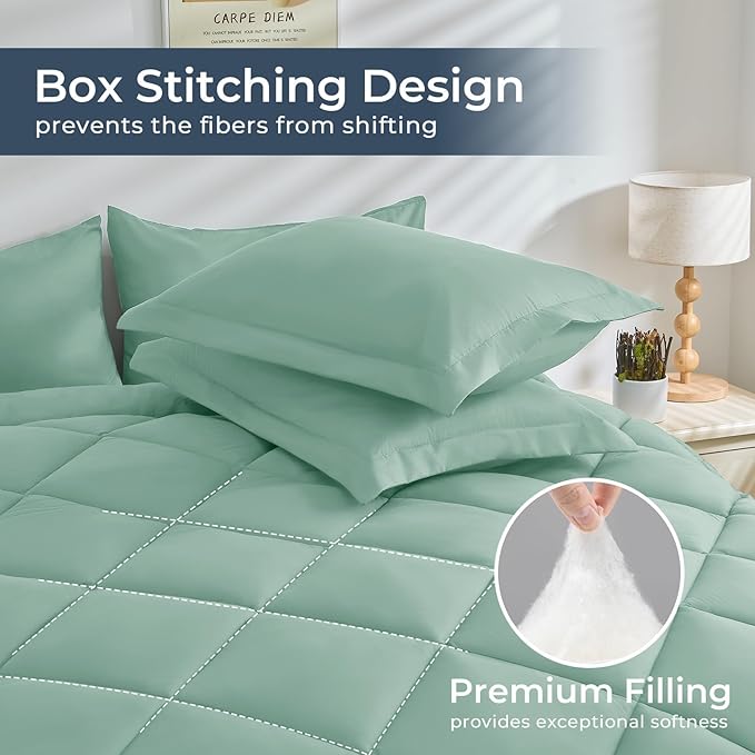 HEVUMYI Sage Green King Comforter Set - 7-Piece All Season Bed in a Bag King, Ultra Soft Bedding Set with Comforter, Flat Sheet, Fitted Sheet, Pillowcases, Pillow Shams, Sage Green