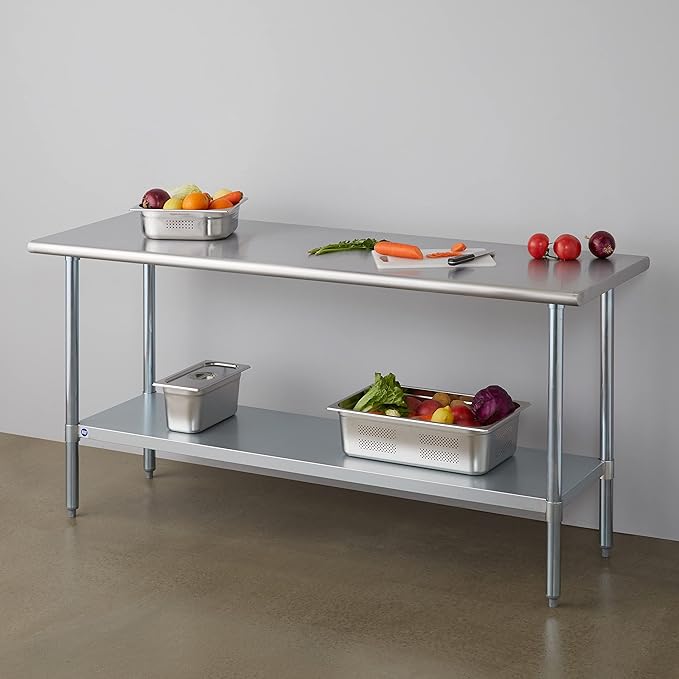 ROCKPOINT Stainless Steel Table for Prep & Work 24x72 Inches, NSF Metal Commercial Kitchen Heavy Duty Table with Adjustable Under Shelf and Table Foot for Restaurant, Home and Hotel