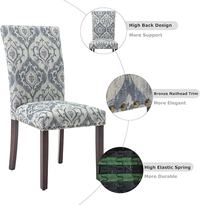 COLAMY Upholstered Parsons Dining Chairs Set of 6, Fabric Dining Room Kitchen Side Chair with Nailhead Trim and Wood Legs - Blue/White Flower