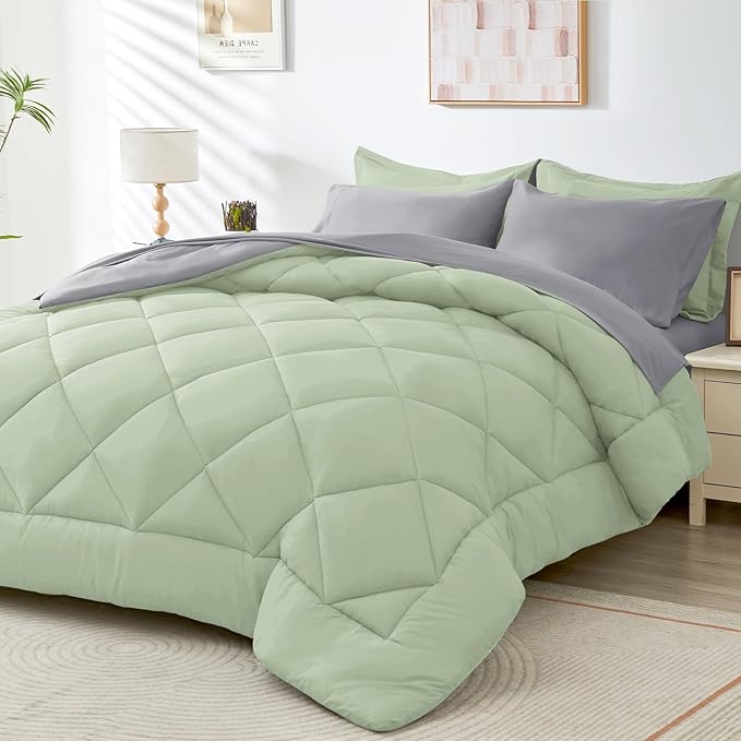 HEVUMYI King Comforter Set - 7-Piece All Season Bed in a Bag King, Ultra Soft Bedding Set with Comforter, Flat Sheet, Fitted Sheet, Pillowcases, Pillow Shams, Sage Green & Light Grey