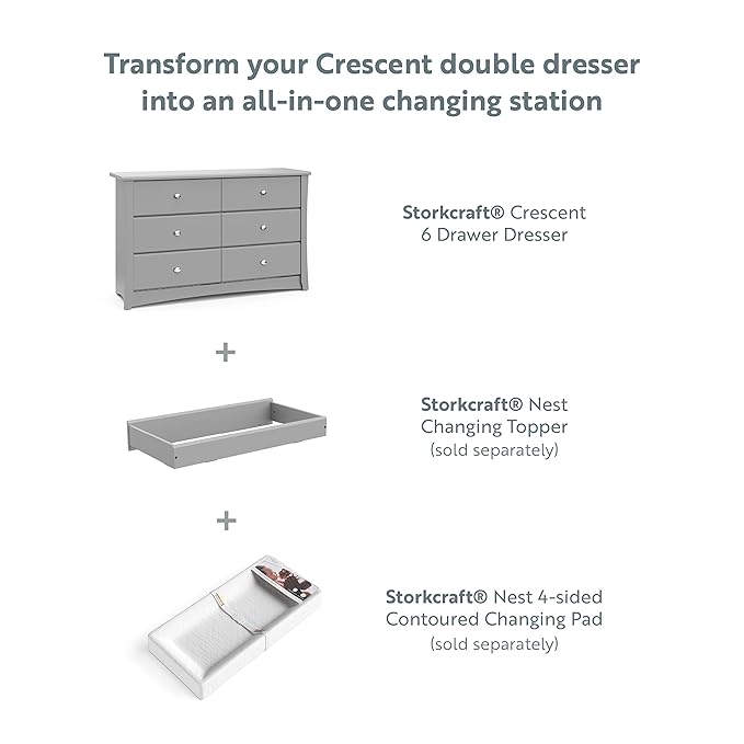 Storkcraft Crescent 6 Drawer Double Dresser (Pebble Gray) – GREENGUARD Gold Certified, Nursery Dresser for Kids Bedroom