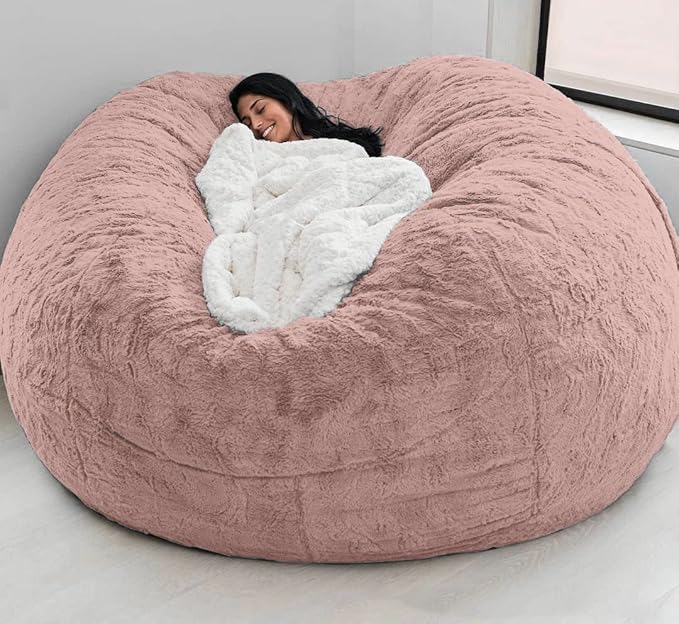 Giant Fur Bean Bag Chair Cover for Kids Adults, (No Filler) Living Room Furniture Big Round Soft Fluffy Faux Fur Beanbag Lazy Sofa Bed Cover (Light Pink, 7FT)