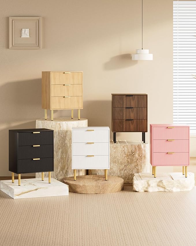 Night Stand,Tall Bedside Table with 3Storage Drawers,White Nightstand,Bedside Furniture,Side Table with Gold Frame,End Table for Bedroom,Living Room (Modern-3drawers, Black.)