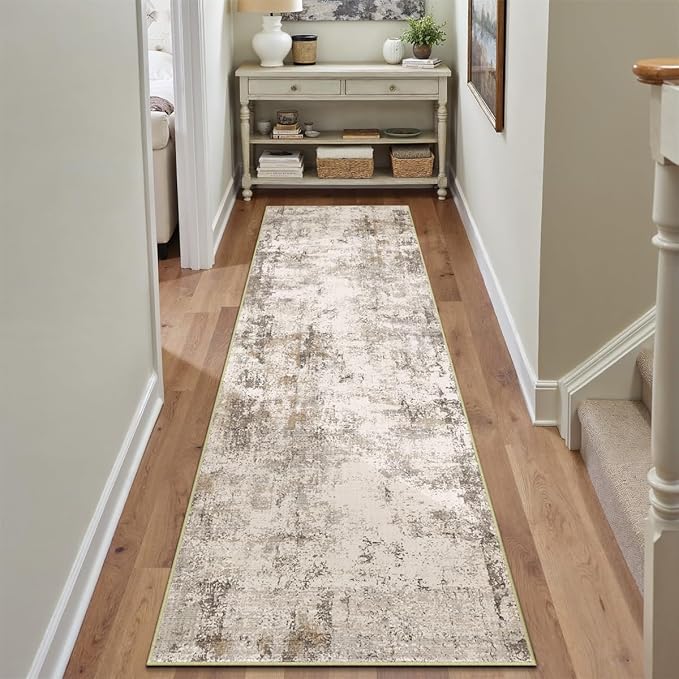 2x8 Washable Runner Rug Brown Grey Neutral Abstract Hallway Kitchen Living Room Bedroom Non Slip Throw Rug Soft Low Pile Indoor Carpet for Entrance Laundry Bathroom