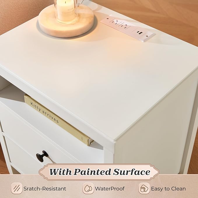 Huuger Nightstand with Charging Station, White Nightstand with 2 Drawers, Bed Side Table for Bedroom, Bedside Table with Storage, Modern Nightstands, Metal Knobs, Painted Surface