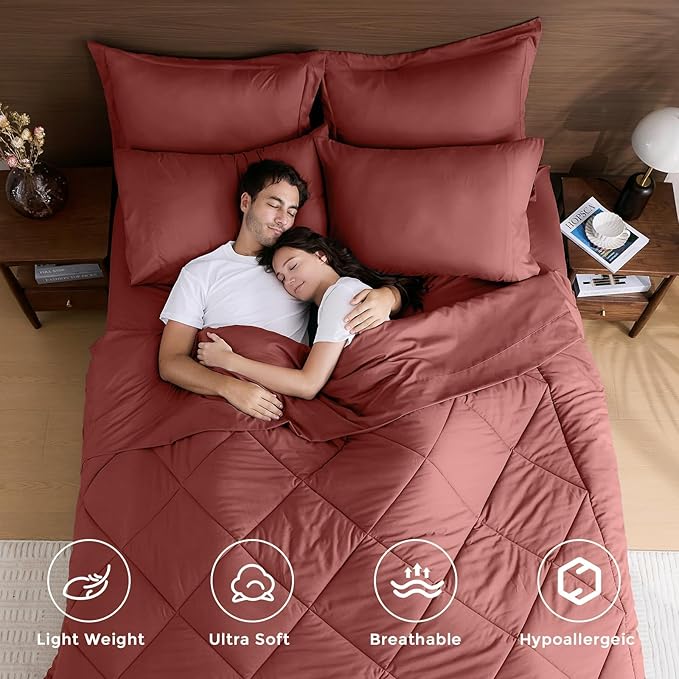 HEVUMYI Terracotta Twin Comforter Set - 5-Piece All Season Bed in a Bag Twin, Ultra Soft Bedding Set with Comforter, Flat Sheet, Fitted Sheet, Pillowcases, Pillow Shams