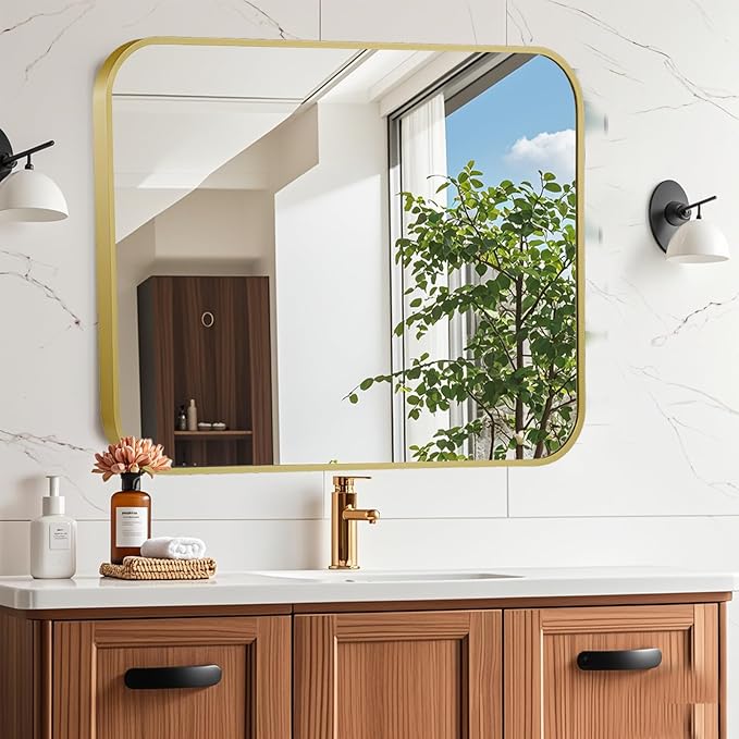 22x30 Inch Gold Mirror, Framed Rectangle Mirror with Rounded Corner, Brushed Brass Mirror, Gold Bathroom Mirror for Over Sink, Vanity, Living Room, Bedroom, Horizontal/Vertical