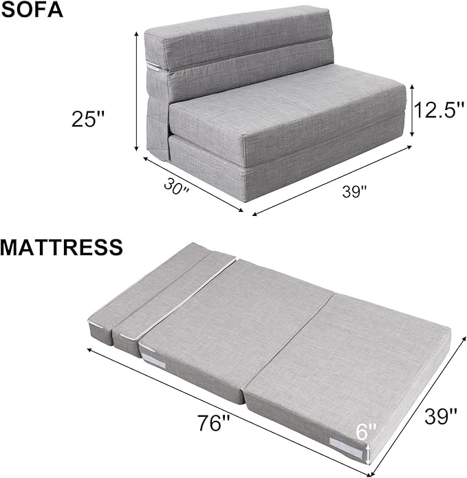 ANONER Folding Sleeper Chair Sofa Bed Lazy Couch with Pillow, Twin Size, Light Gray