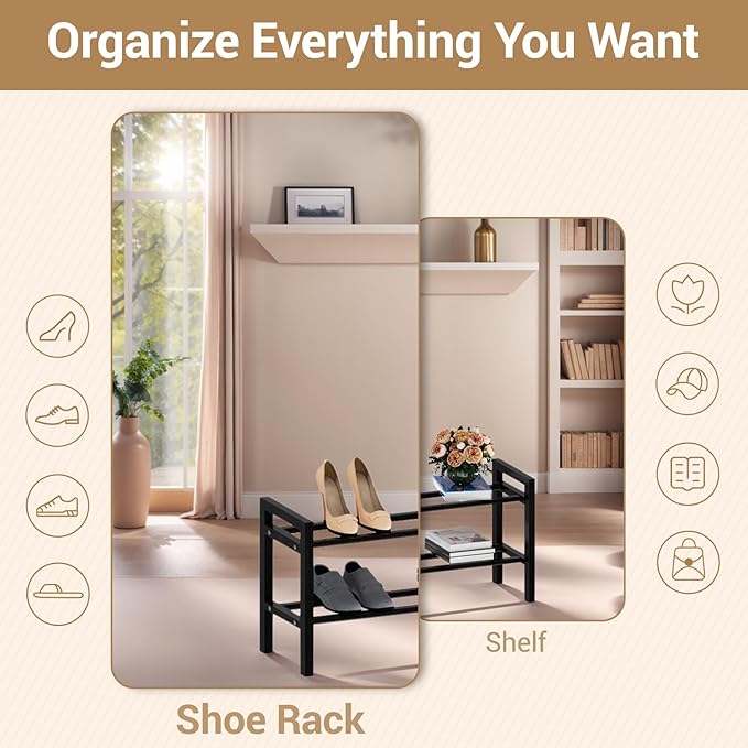 Haddockway Bamboo Shoe Rack for Closet, Free Standing Shoe Organizer with Smooth Round Rods & Convenient Handles, Stackable Shoe Storage Shelf for Entryway, Hallway(Black, 2-Tier(Small))