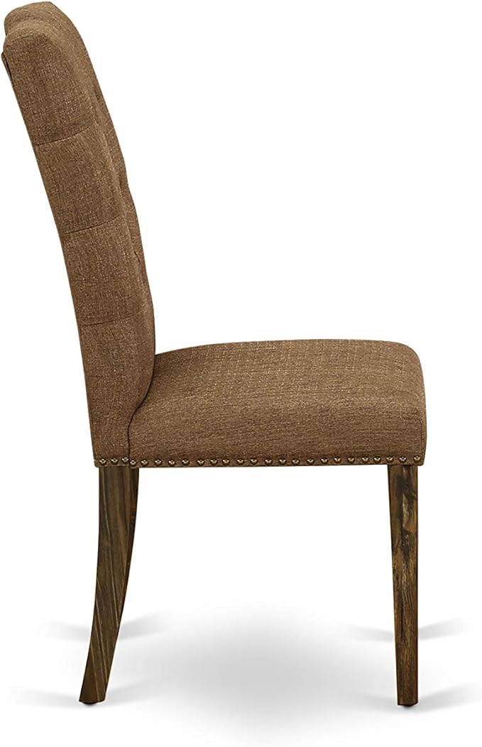 East West Furniture F2EL5-718 5 Piece Kitchen Table & Chairs Set Includes a Round Dining Table with Pedestal and 4 Brown Linen Linen Fabric Parson Chairs, 48x48 Inch, Distressed Jacobean