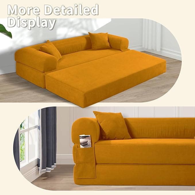 80" Convertible Sofa Bed, 3-in-1 Corduroy Folding Pull Out Couch with Pillows, No Assembly Modern Boneless Couch Compression Sofa in Box, Floor Sofa with Side Storage Pocket for Living Room, Yellow