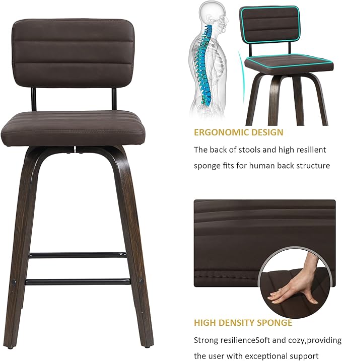 Counter Height Bar Stools Set of 2 Wood Swivel Bar Stools for Kitchen Island Modern Square Barstools with Leather Back Cushion Industrial Vintage Bar Chair Rustic Furniture for Home Pub 24 Inch Brown
