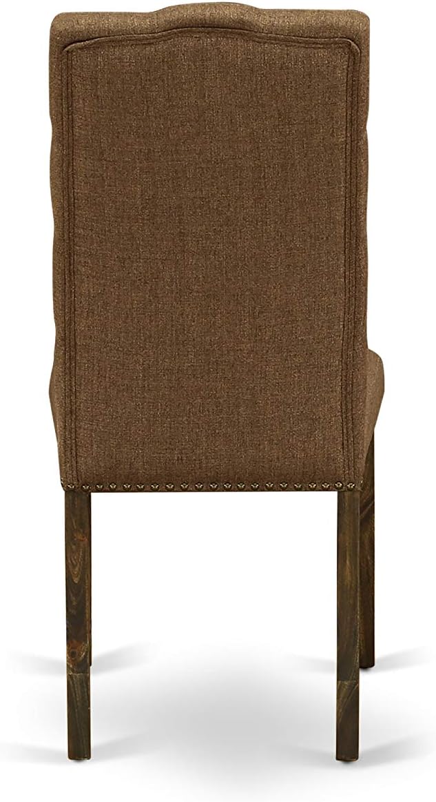East West Furniture F2EL7-718 7 Piece Dining Table Set Consist of a Round Kitchen Table with Pedestal and 6 Brown Linen Linen Fabric Parson Dining Room Chairs, 48x48 Inch, Distressed Jacobean