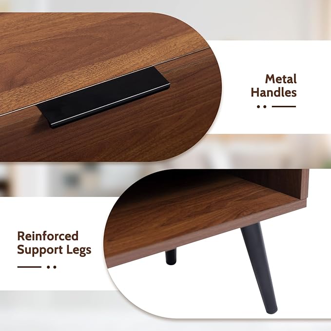 HollyHOME Wood TV Stand for TVs up to 65", Mid Century TV Stand with Storage, Modern Entertainment Center with 2 Drawers, Accent TV Media Console Table for Living Room, 53"(L), Retro Brown