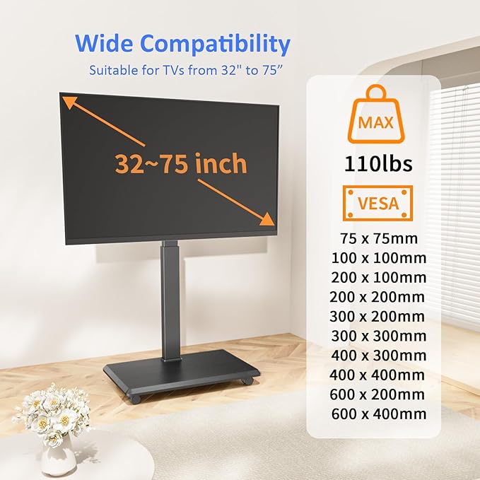 Rolling TV Stand, Portable Mobile TV Stand for 32-75 Inch TVs up to 110 lbs, 18 Adjustable Heights, Max VESA 600x400mm, Rolling TV Cart on Wheels with Mount for Bedroom, Office, Outdoor