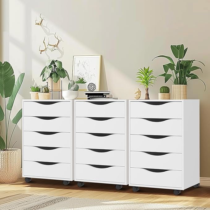 QDSSDECO 5 Drawer Chest Wood File Cabinet Rolling Storage Dresser with Wheels for Home Office, White