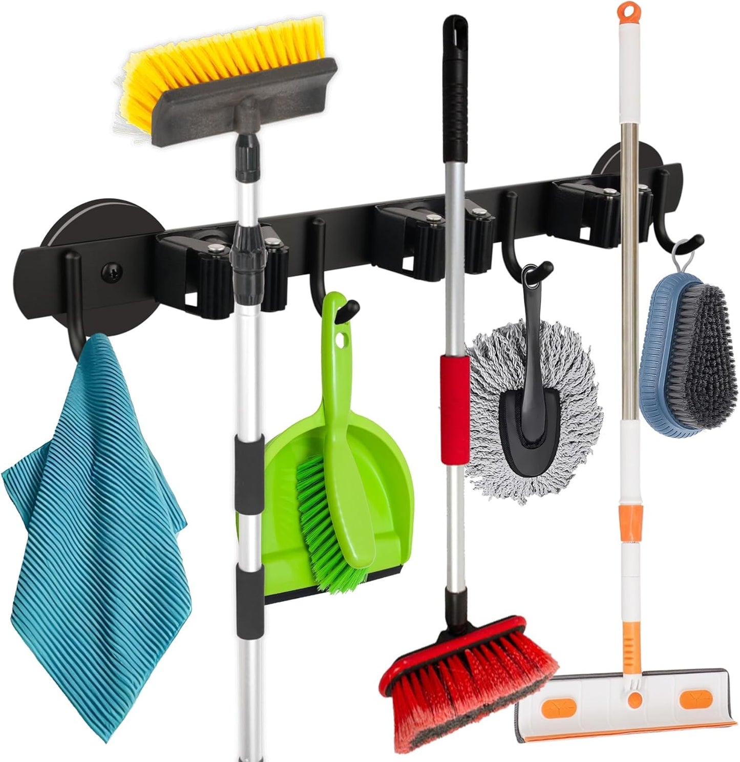 MUTUACTOR Heavy Duty Magnetic Broom Holder, 1PCS Mounting Broom and Mop Hanger, Anti-slip Black Magnetic Tool Holder 3 Slots and 4 Hooks for Fridge, Metal Door, Garage, Work Station