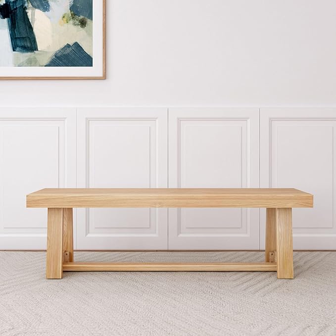 Plank+Beam 60 Inch Farmhouse Dining Bench, Solid Wood Entryway Bench, Wooden Outdoor Bench, Kitchen Dining Seat, Dining Room, Home Office, Living Room Furniture, Easy Assembly, Blonde Wirebrush
