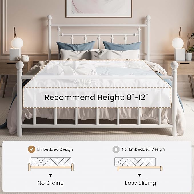 SHA CERLIN 14'' Queen Size Metal Platform Bed Frame/Victorian Headboard and Footboard/Steel Slats Mattress Foundation for Storage/No Box Spring Needed/Noise Free/White
