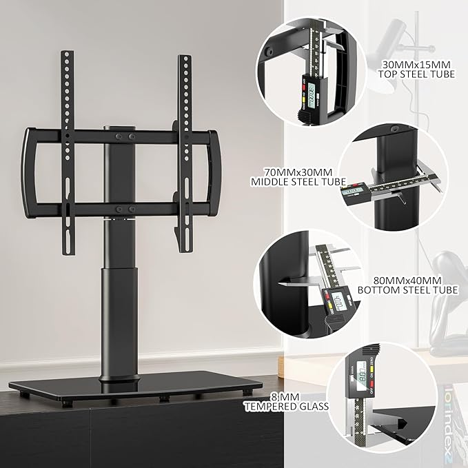 Universal Swivel/Table Top TV Stand 27 to 60 inch TVs 80 Degree Swivel, 4 Level Height Adjustable, Heavy Duty Tempered Glass Base, Holds up to 99lbs Screens, HT04B-001