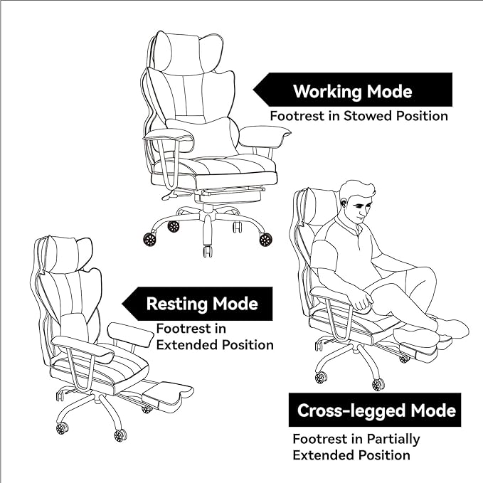 Efomao Big and Tall Office Chair 400lbs – High Back PU Leather Executive Chair with Lumbar Support, Footrest, Swivel Base, Padded Armrests, and Rolling Wheels for Home Office, Grey Computer Chair