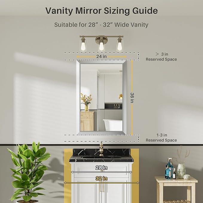 24x36 Inch Silver Bathroom Mirror for Wall, Thick Metal Framed Rectangle Mirrors for Over Sink, Bedroom, Living Room, Entryway, Anti-Rust, HD Tempered Glass